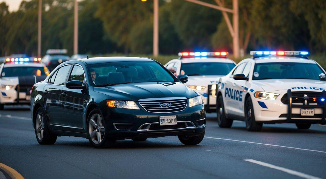 A car swerving to avoid a roadblock with police cars in the background