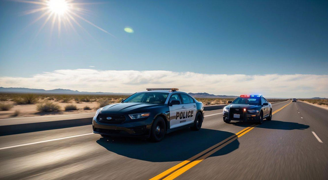 A car swerving on a desert highway, with a police car pulling it over under the hot Arizona sun