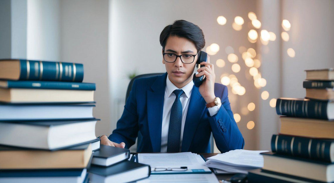 A person sitting at a cluttered desk, surrounded by law books and legal documents, speaking on the phone with a serious expression