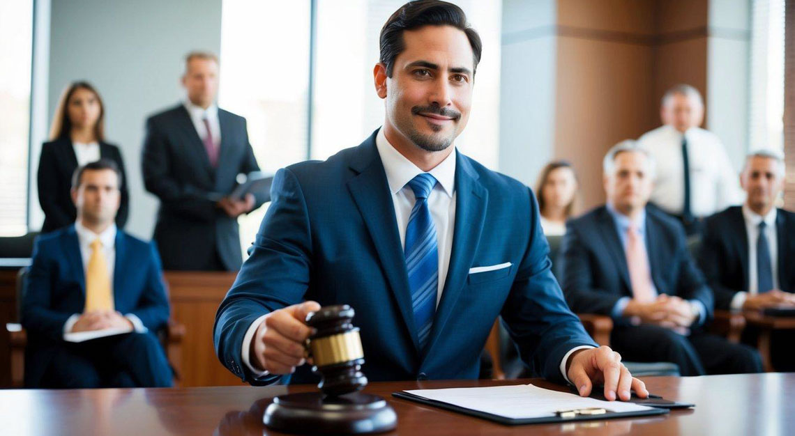 A specialized DUI lawyer in Arizona confidently representing a client in a courtroom, with a judge and jury observing the proceedings