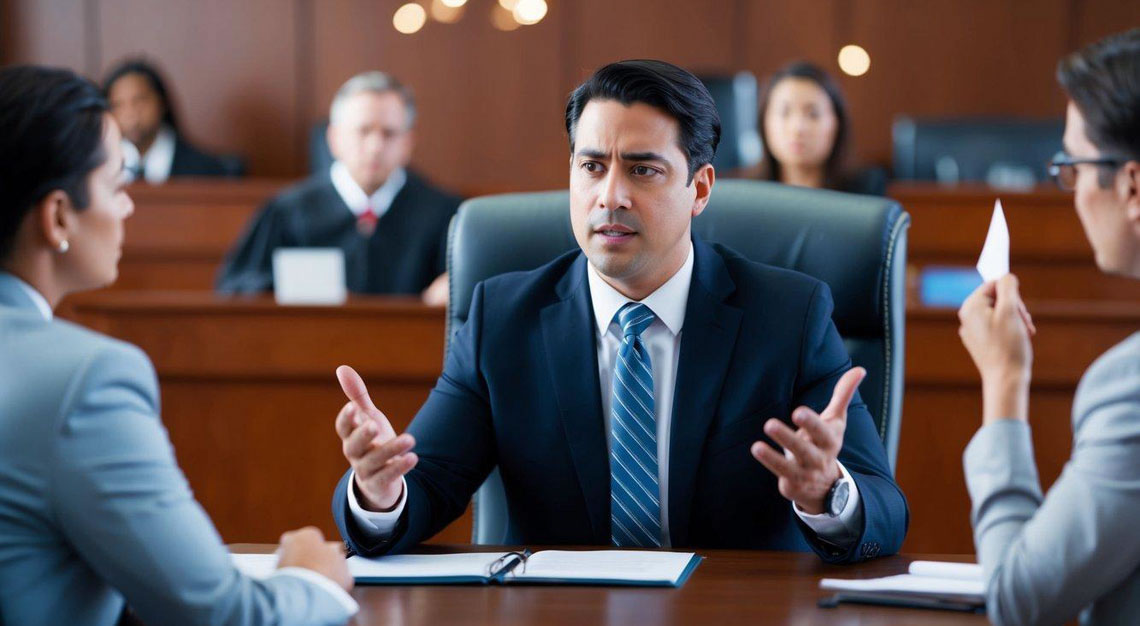 A DUI lawyer in Arizona confidently defends a client in a courtroom, presenting evidence and arguing the case with determination